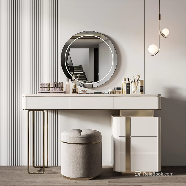 Modern Elegant Dressing Table Interior With Round Mirror Cosmetics Gold Accents And Pouf Stool 3d model 