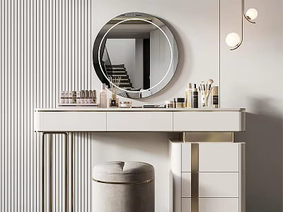 Modern Elegant Dressing Table Interior With Round Mirror Cosmetics Gold Accents And Pouf Stool 3d model