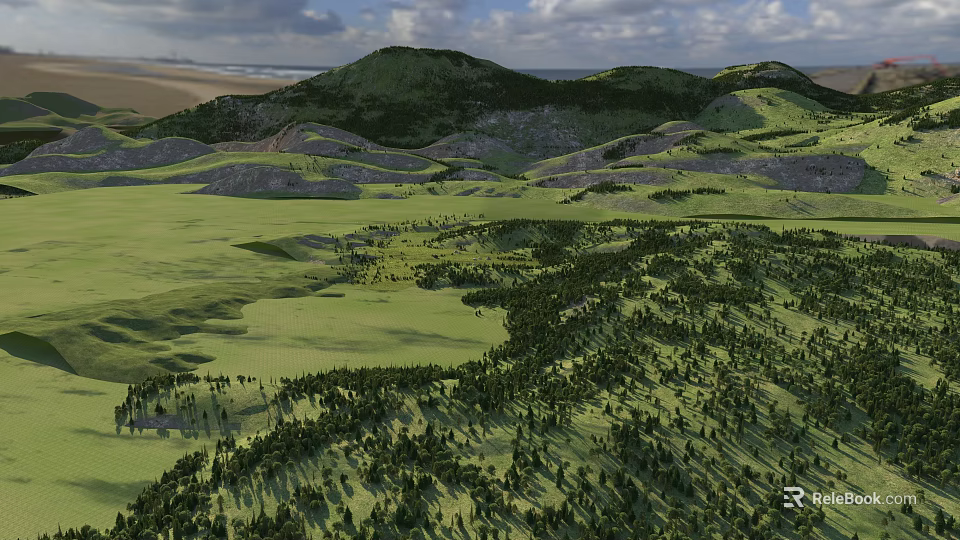 Stunning Natural Landscape With Vast Green Meadow Dense Forest Rolling Lush Hills And Cloudy Sky 3d model 