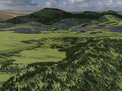 Stunning Natural Landscape With Vast Green Meadow Dense Forest Rolling Lush Hills And Cloudy Sky 3d model