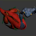 Blue Humanoid Creature Standing Next To Red Fish With Orange Fins And Green Feet