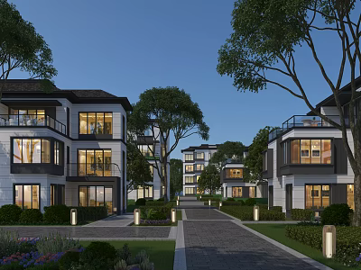 Modern Residential Buildings With Lush Trees Lawns Paved Road Balconies And Street Lamps 3d model