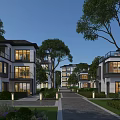 Modern Residential Buildings With Lush Trees Lawns Paved Road Balconies And Street Lamps