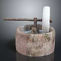 Traditional Stone Mill With Circular Trough Wooden Handle And Grinding Wheel