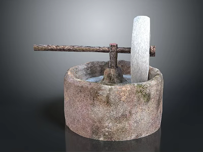 Traditional Stone Mill With Circular Trough Wooden Handle And Grinding Wheel 3d model
