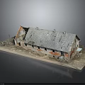 Old Red Brick Building Model With Damaged Gray Roof And Chimney Details