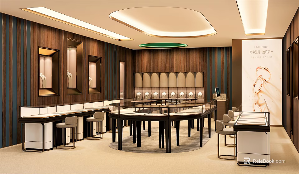 Elegant Jewelry Store Interior with Wooden Walls Glass Display Cases Circular Display Table and Lighting 3d model 