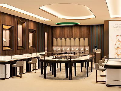 Elegant Jewelry Store Interior with Wooden Walls Glass Display Cases Circular Display Table and Lighting 3d model