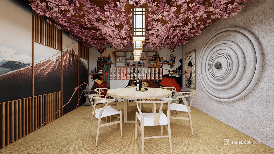 Japanese Style Private Dining Room With Cherry Blossom Ceiling Round Table And White Chairs 3d model 
