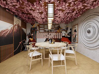 Japanese Style Private Dining Room With Cherry Blossom Ceiling Round Table And White Chairs 3d model