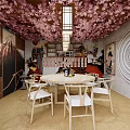 Japanese Style Private Dining Room With Cherry Blossom Ceiling Round Table And White Chairs
