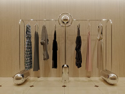 Modern Silver Metallic Clothes Rack with Hanging Dresses Coats and Apparel in Stylish 3d model