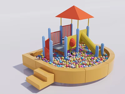 Toddler Playground Equipment With Colorful Ball Pit Red Canopy Yellow Slide And Steps 3d model