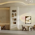 Modern Dessert Shop Interior With Tables Chairs Hanging Lights And Wall Niches