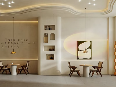Modern Dessert Shop Interior With Tables Chairs Hanging Lights And Wall Niches 3d model