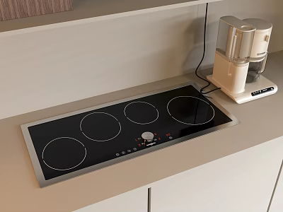 Modern Kitchen Appliances With Black Four Burner Induction Cooktop And White Coffee Maker On Countertop 3d model