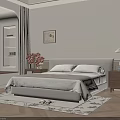 Cozy Beige Bedroom Interior With Large Bed Wooden Nightstand Table Lamp And Bookshelf