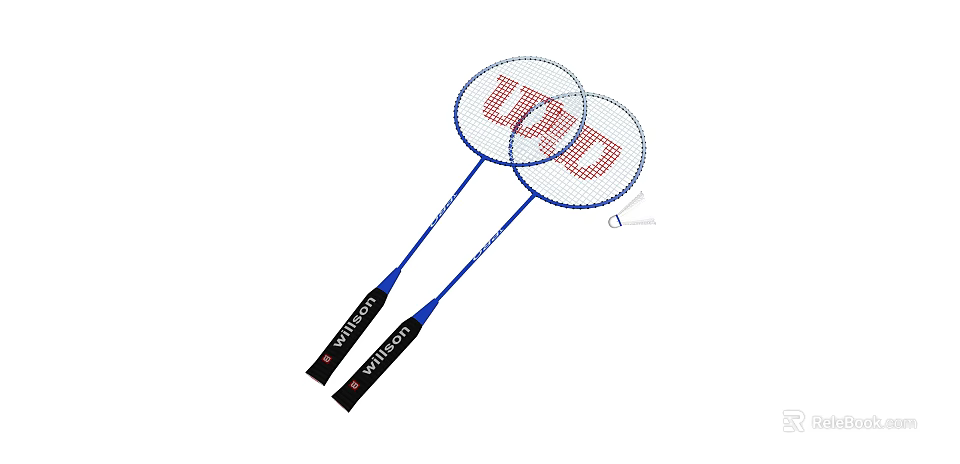 Pair Of Wilson Badminton Rackets With URD Logo And Shuttlecock As Sports Equipment 3d model 