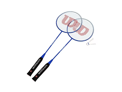 Pair Of Wilson Badminton Rackets With URD Logo And Shuttlecock As Sports Equipment 3d model