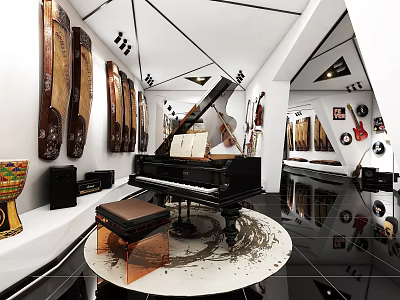 Modern Music Instrument Store Interior With Black Piano Drum And Wall Mounted Panels 3d model