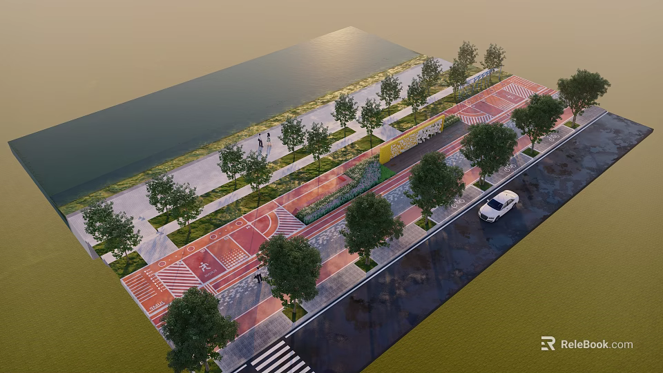 Kids Playground With Colorful Ground Surrounded By Trees And Pathways 3d model