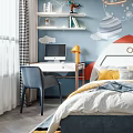 Kids Room Interior Design With Rocket Wall Mural Starry Sky Headboard Desk And Pendant Lights