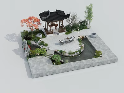 Chinese Garden Landscape With Black Tiled Pavilion Red Maple Tree Small Pond And Stone Area 3d model