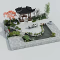 Chinese Garden Landscape With Black Tiled Pavilion Red Maple Tree Small Pond And Stone Area
