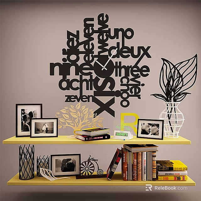 Yellow Bookshelf With Photo Frames Books Plant Decoration And Wall Number Word Art 3d model 
