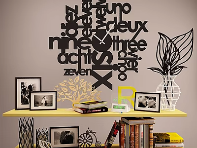 Yellow Bookshelf With Photo Frames Books Plant Decoration And Wall Number Word Art 3d model