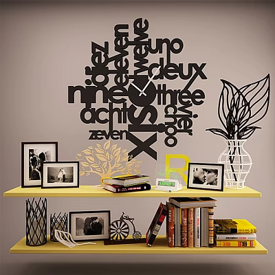 Yellow Bookshelf With Photo Frames Books Plant Decoration And Wall Number Word Art 3d model