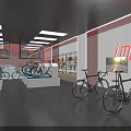 Modern Bicycle Store Interior With White Display Stands Red Backdrop Wall Display Windows And Bicycles 3d model