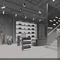 Modern Fashion Store with Glass Facade Interior Clothing Shoes Display Bright Lighting and Staircase