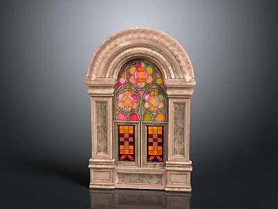 Traditional Casement Window With Arched Stained Glass And Stone Carved Decorative Frame 3d model