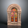 Traditional Casement Window With Arched Stained Glass And Stone Carved Decorative Frame