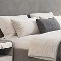 Modern Double Bed with Upholstered Headboard Nightstand White Pillows and Striped Blanket