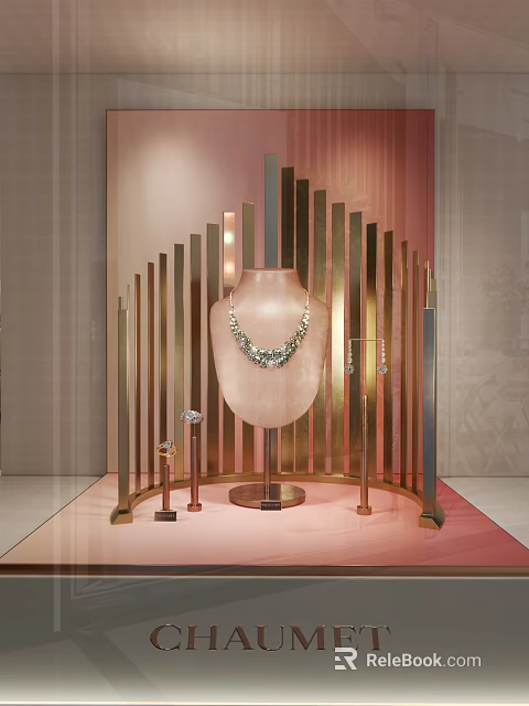 Jewelry Window Display with Pink Mannequin Green Necklace Golden Vertical Strips and Rings 3d model 