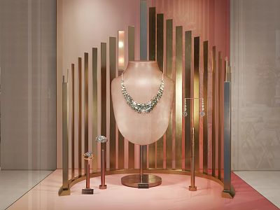 Jewelry Window Display with Pink Mannequin Green Necklace Golden Vertical Strips and Rings 3d model
