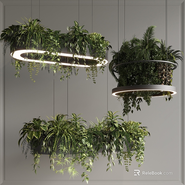Modern Hanging Plant Chandelier With Ring Shaped Light And Lush Green Foliage 3d model 