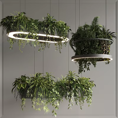 Modern Hanging Plant Chandelier With Ring Shaped Light And Lush Green Foliage 3d model