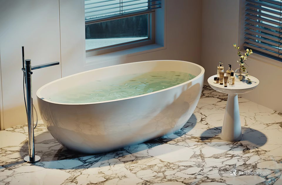 Modern White Freestanding Bathtub Filled With Water On Marble Floor And Small Table With Bottles 3d model 