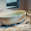 Modern White Freestanding Bathtub Filled With Water On Marble Floor And Small Table With Bottles