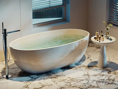 Modern White Freestanding Bathtub Filled With Water On Marble Floor And Small Table With Bottles 3d model