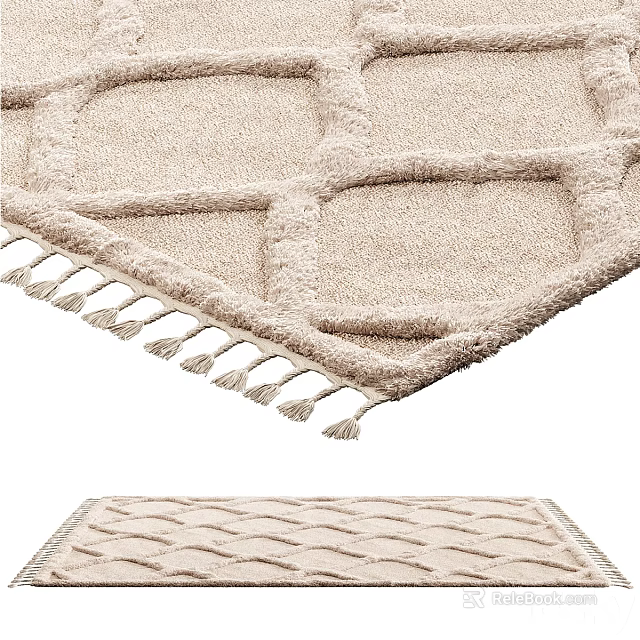 Beige Square Rug With Geometric Grid Pattern And Tassel Edges Soft Plush Texture 3d model 