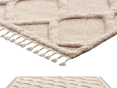 Beige Square Rug With Geometric Grid Pattern And Tassel Edges Soft Plush Texture 3d model
