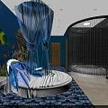 Romantic Blue Themed Hotel Room Interior With Round Bed Blue Canopy Fish Murals And Bathtub