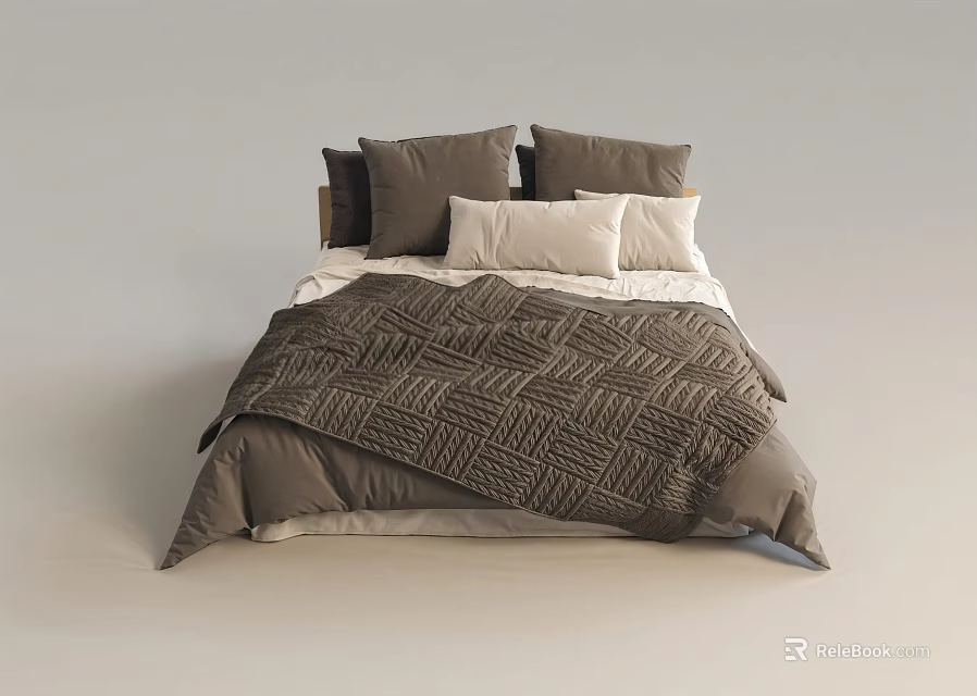 Modern Minimalist Double Bed With Gray Beige Pillows And Woven Quilt 3d model 