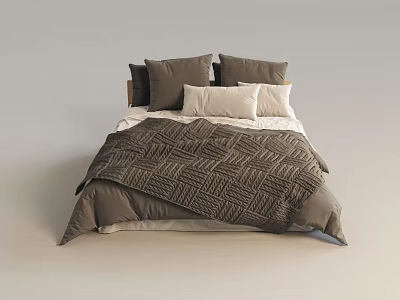Modern Minimalist Double Bed With Gray Beige Pillows And Woven Quilt 3d model
