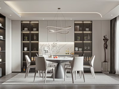 Elegant Modern Restaurant Interior With Dining Table Chairs Hanging Pendant Light And Cabinets 3d model