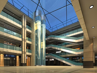 Modern Shopping Mall Lobby With Glass Ceiling Multiple Floors Elevator And Escalators 3d model